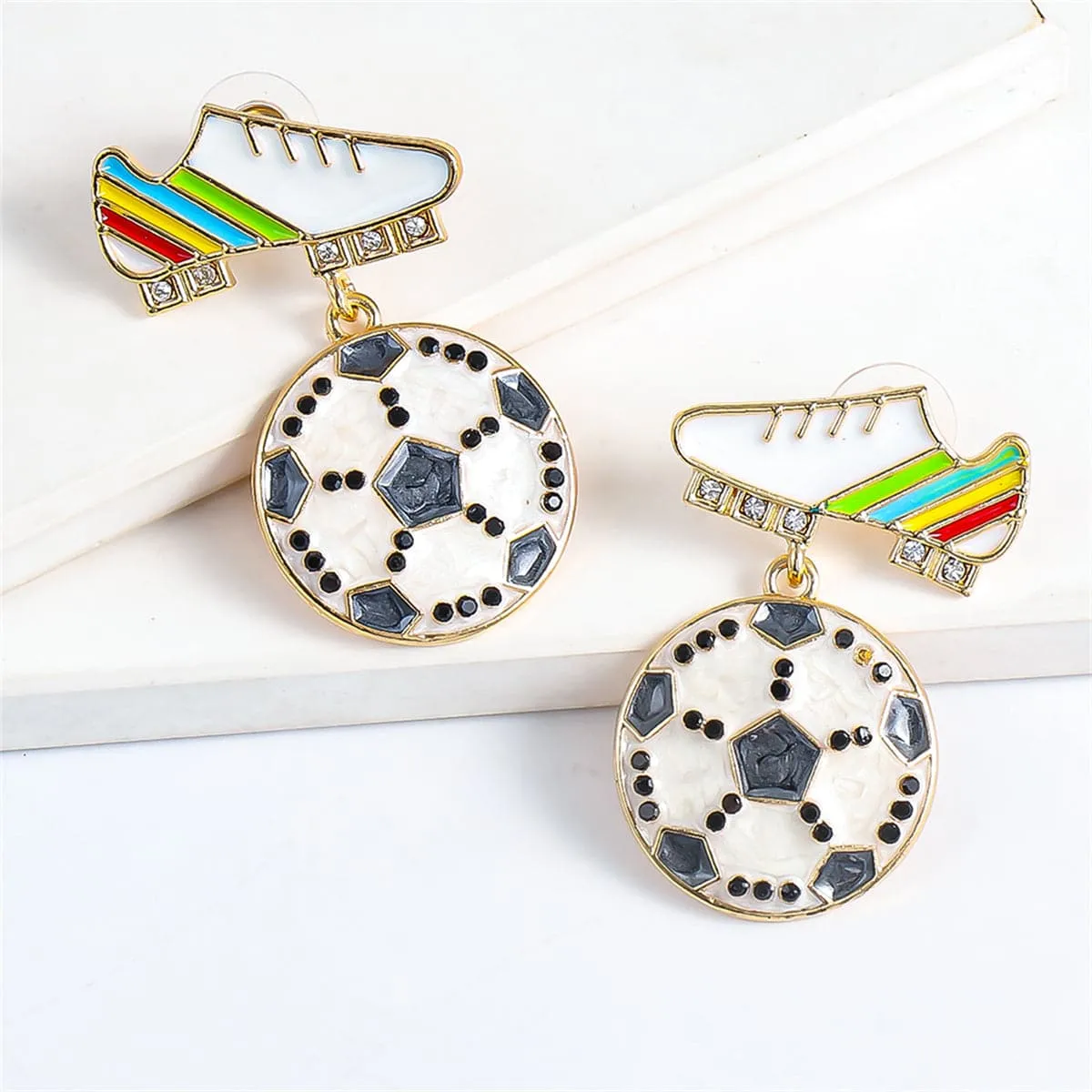 Cubic Zirconia & Enamel 18K Gold-Plated Shoes Football Drop Earrings