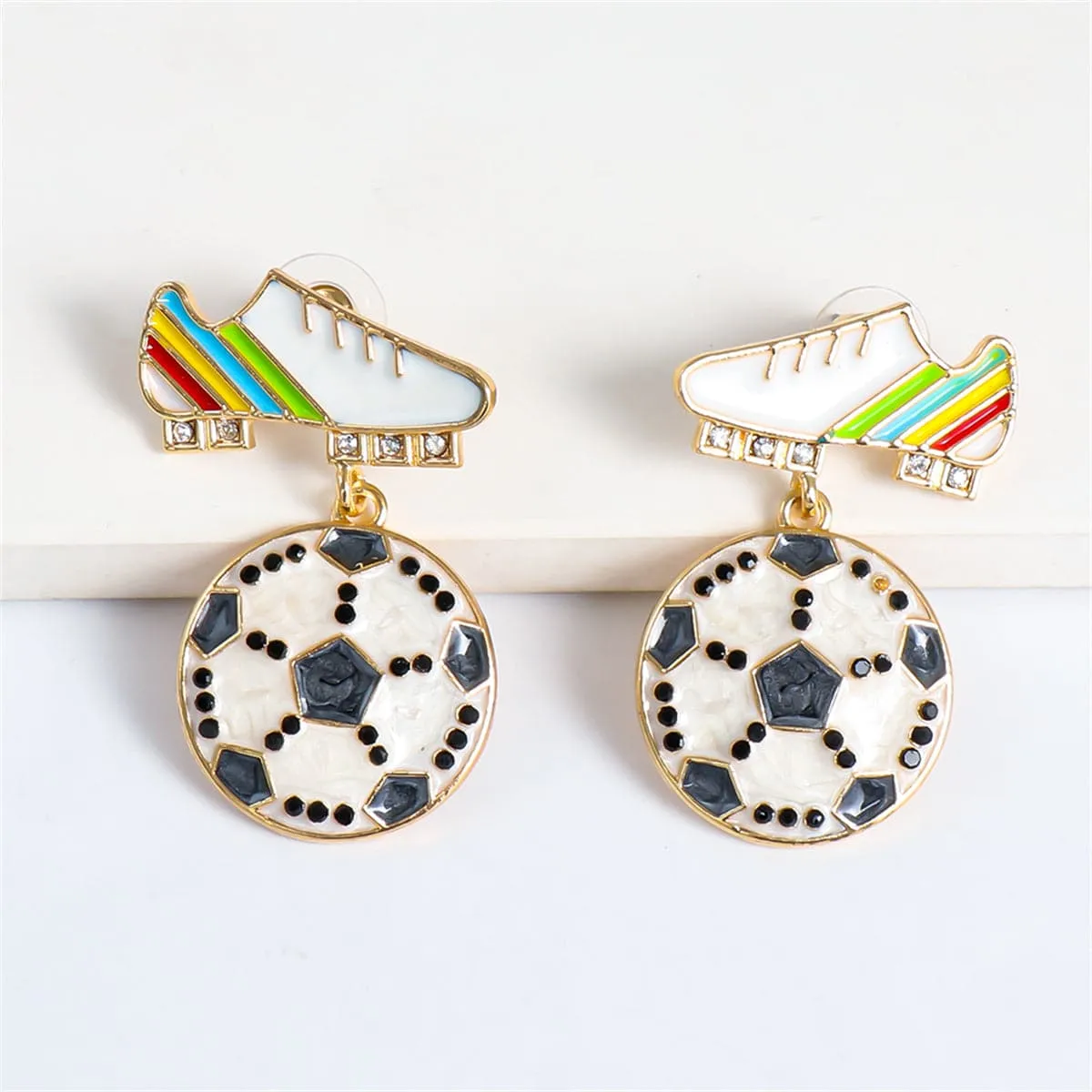 Cubic Zirconia & Enamel 18K Gold-Plated Shoes Football Drop Earrings