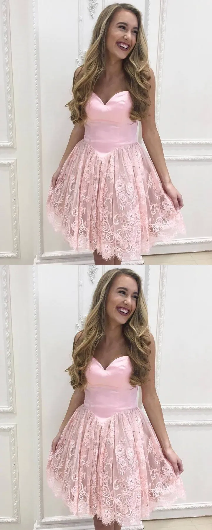 Custom Sweetheart Short Pink Lace A-line Homecoming Dresses, CM522
