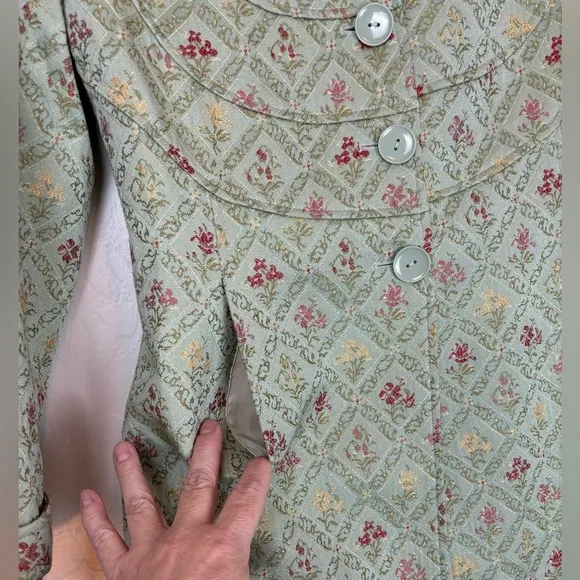 Dahlia Floral Brocade Long Line Coat Victorian Cottage 6 Green 0794
