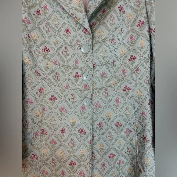 Dahlia Floral Brocade Long Line Coat Victorian Cottage 6 Green 0794