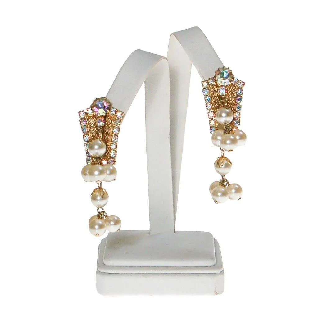 Dangling Pearl and Aurora Borealis Rhinestone Earrings