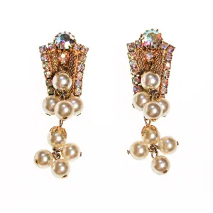 Dangling Pearl and Aurora Borealis Rhinestone Earrings