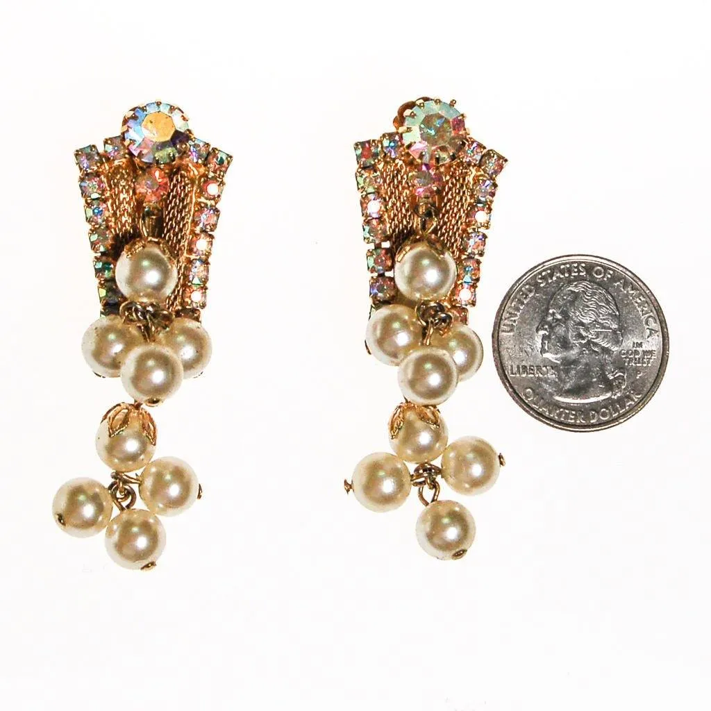 Dangling Pearl and Aurora Borealis Rhinestone Earrings