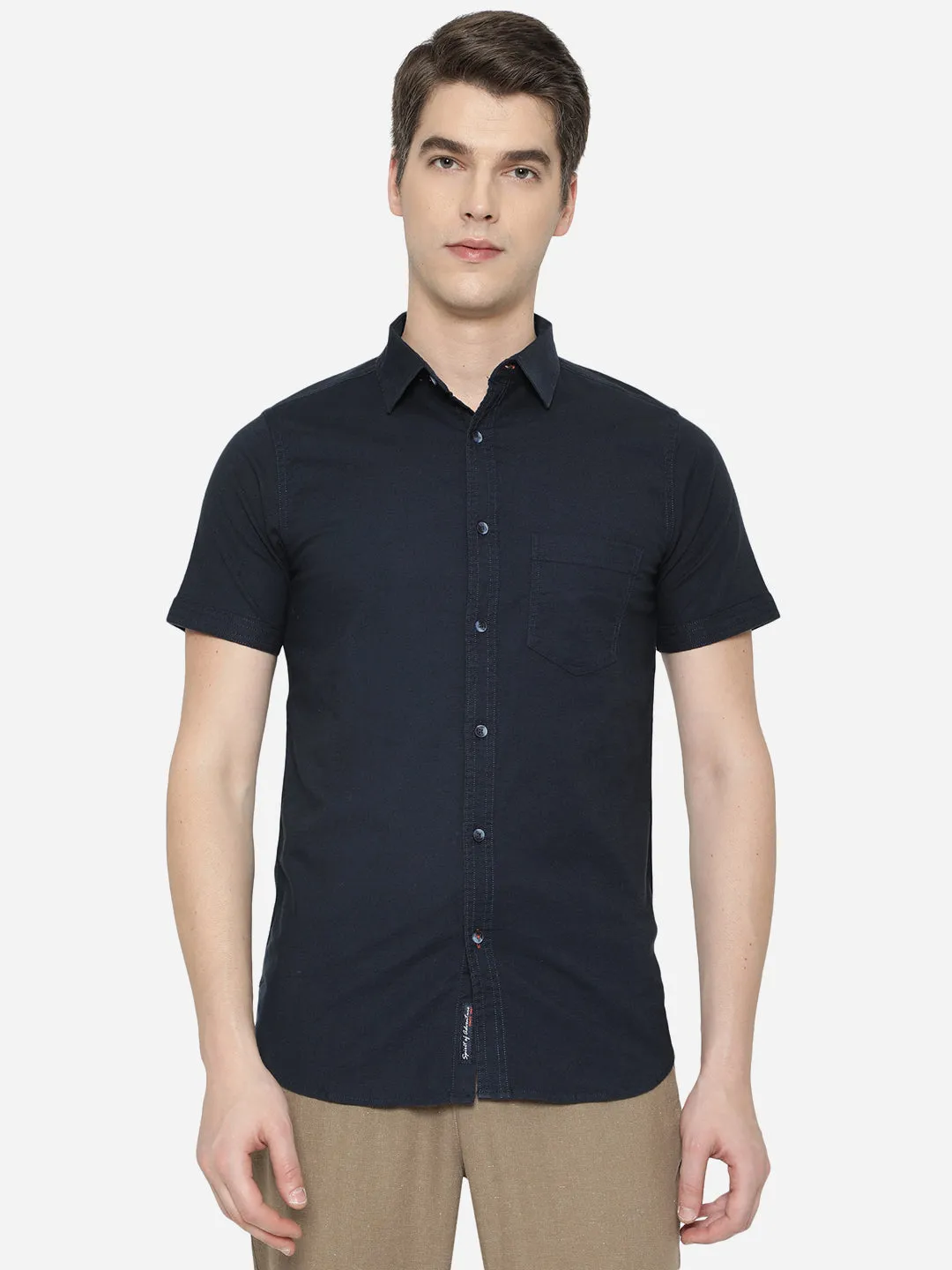 Dark Blue Solid Slim Fit Semi Casual Shirt | JadeBlue