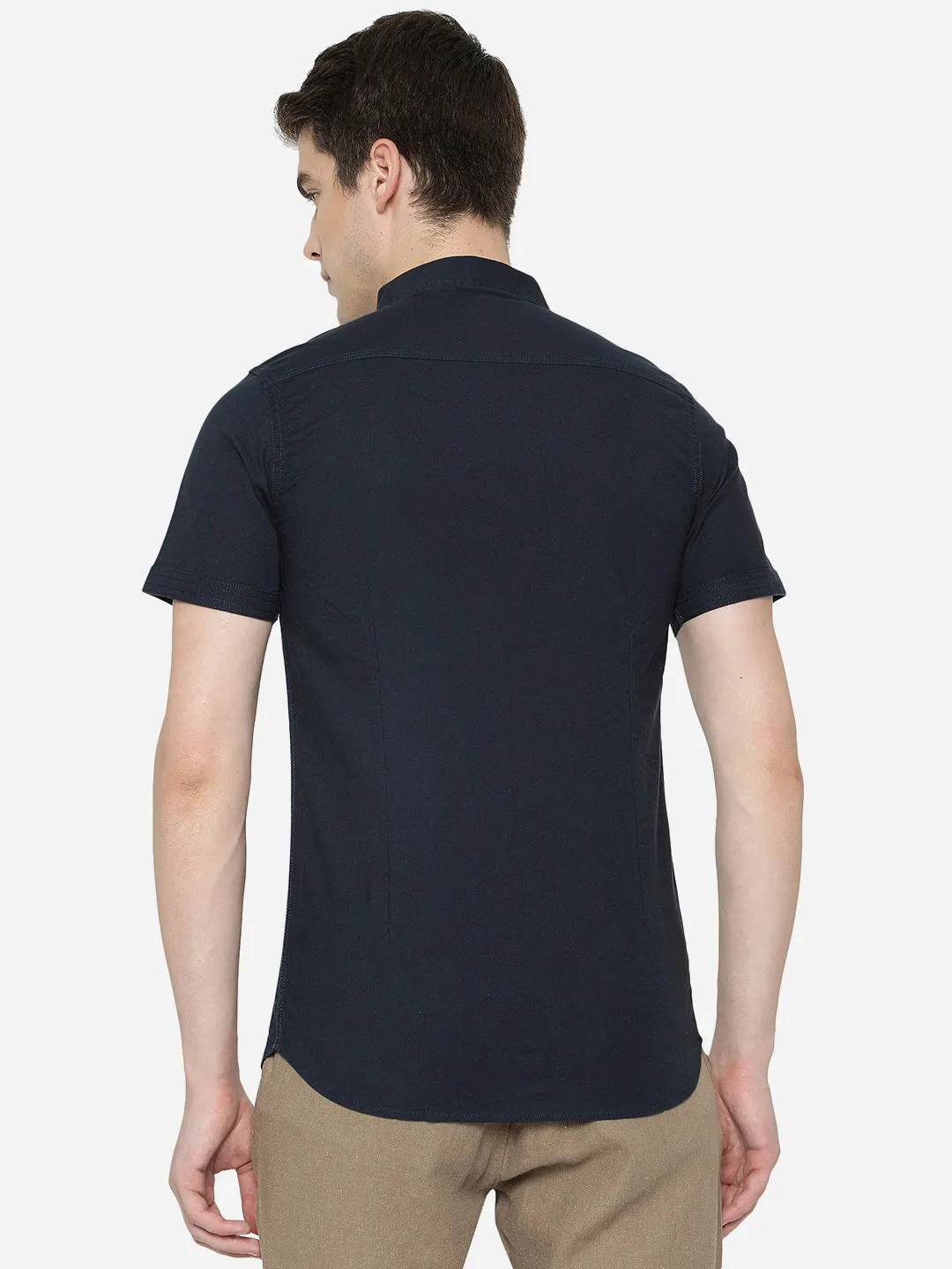 Dark Blue Solid Slim Fit Semi Casual Shirt | JadeBlue