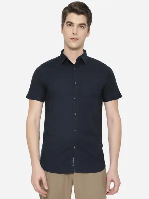 Dark Blue Solid Slim Fit Semi Casual Shirt | JadeBlue