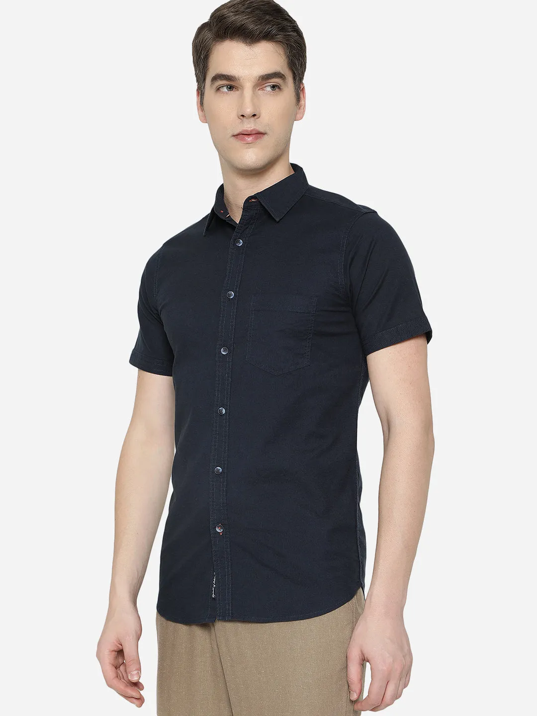 Dark Blue Solid Slim Fit Semi Casual Shirt | JadeBlue