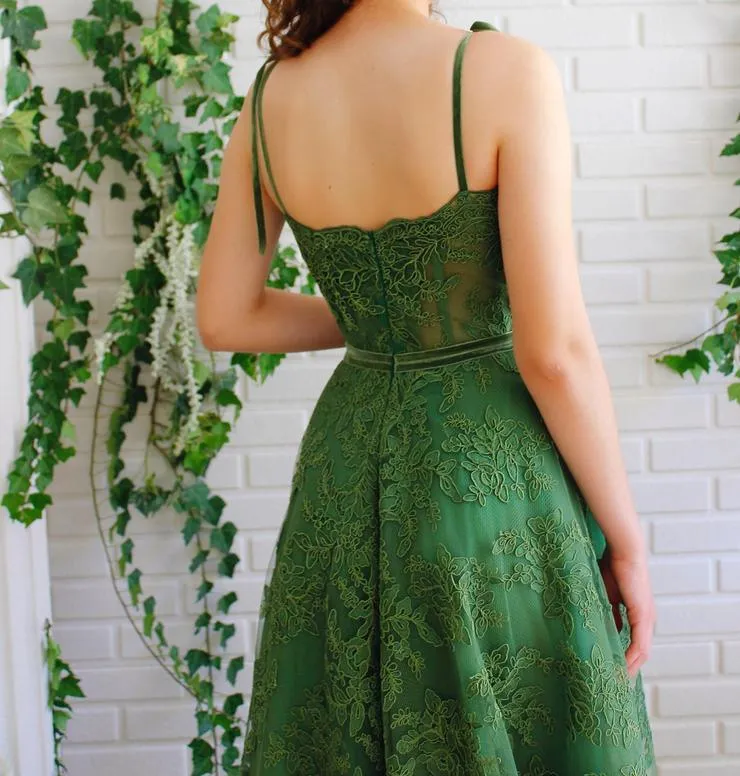 Dark Green Lace Prom Dresses Spaghetti Straps Neck A Line Formal Dress TX001