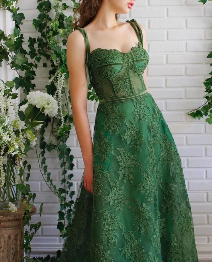 Dark Green Lace Prom Dresses Spaghetti Straps Neck A Line Formal Dress TX001