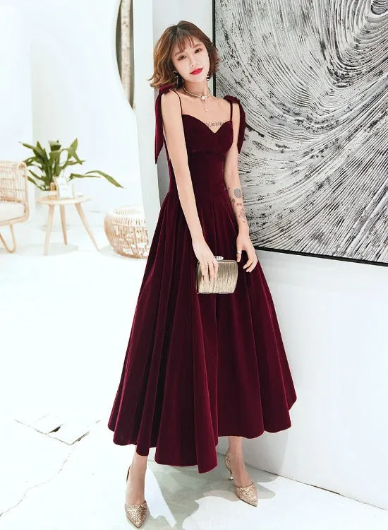 Dark Red Straps Velvet Elegant Tea Length Bridesmaid Dress, Burgundy Prom Dress Party Dress