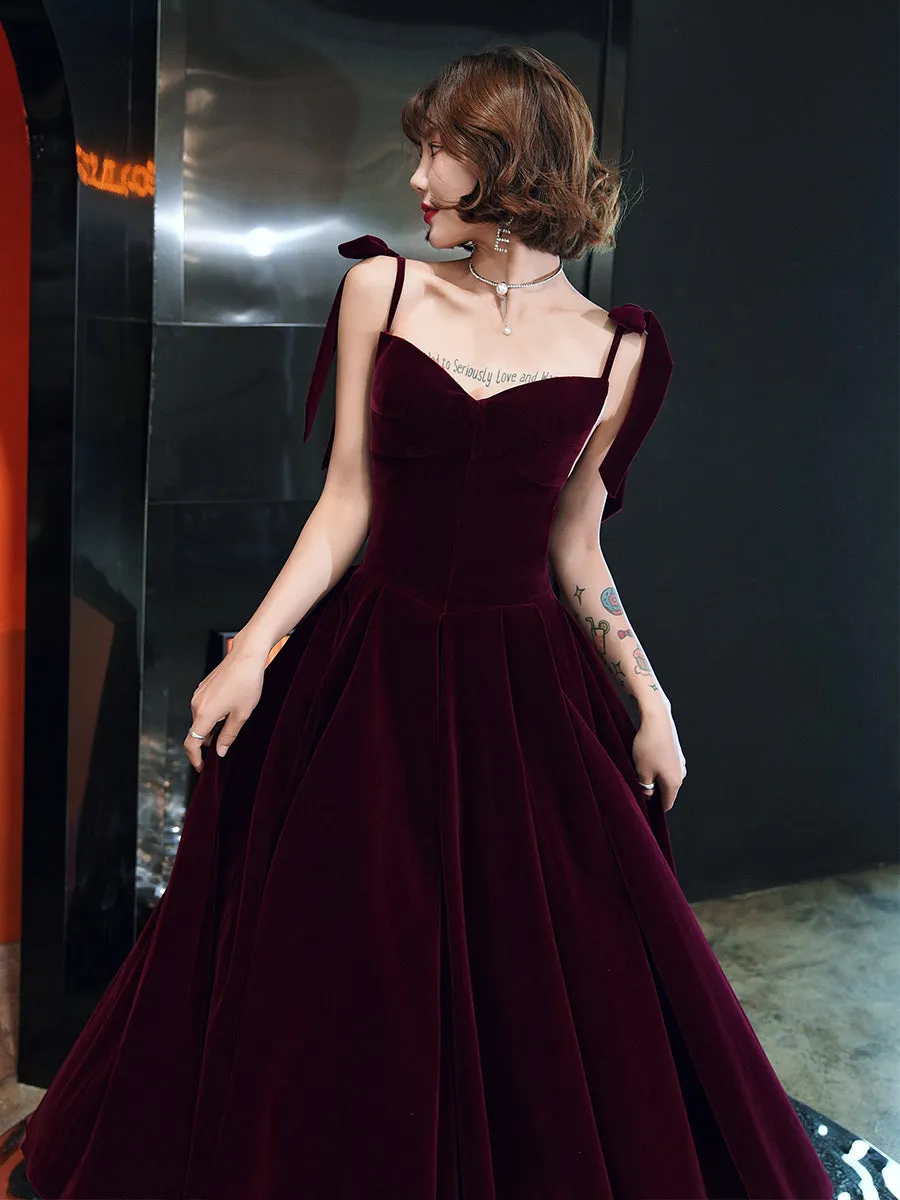 Dark Red Straps Velvet Elegant Tea Length Bridesmaid Dress, Burgundy Prom Dress Party Dress