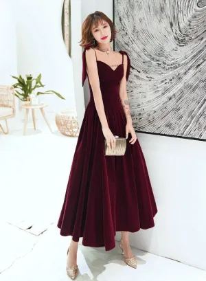 Dark Red Straps Velvet Elegant Tea Length Bridesmaid Dress, Burgundy Prom Dress Party Dress