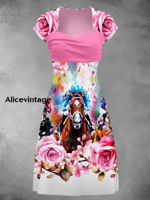 Derby Art Print Short Sleeve Vintage Dress Derby Dress