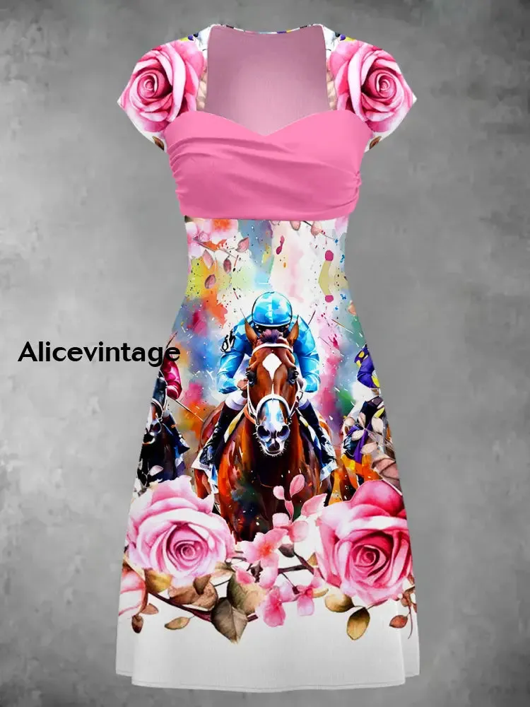 Derby Art Print Short Sleeve Vintage Dress Derby Dress