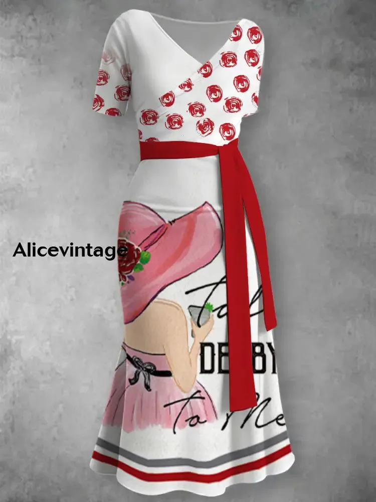 Derby Art Print V-Neck Short Sleeve Vintage Dress Derby Dress