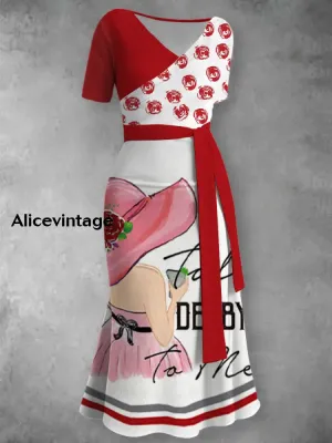 Derby Art Print V-Neck Short Sleeve Vintage Dress Derby Dress
