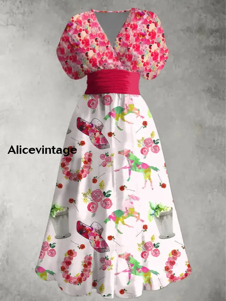 Derby Art Print V-Neck Short Sleeve Vintage Midi Dress Derby Dress
