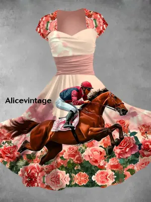 Derby Art Print V-Neck Short Sleeve Vintage Midi Dress Derby Dress