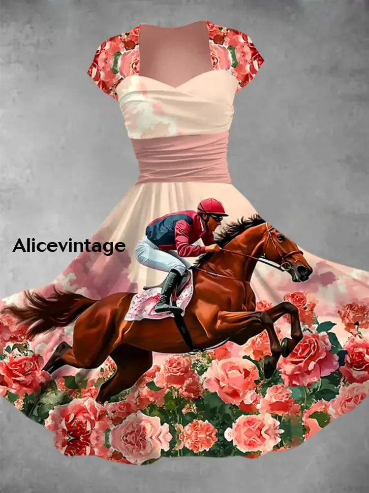Derby Art Print V-Neck Short Sleeve Vintage Midi Dress Derby Dress