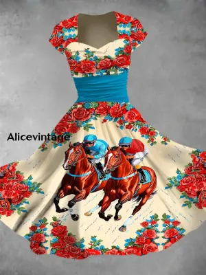 Derby Art Print V-Neck Short Sleeve Vintage Midi Dress Derby Dress