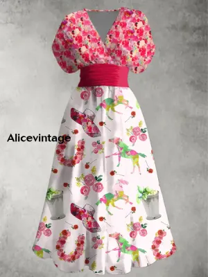 Derby Art Print V-Neck Short Sleeve Vintage Midi Dress Derby Dress