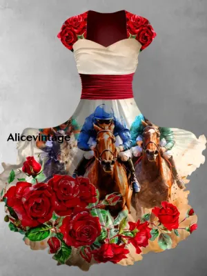Derby Art Print V-Neck Short Sleeve Vintage Midi Dress Derby Dress