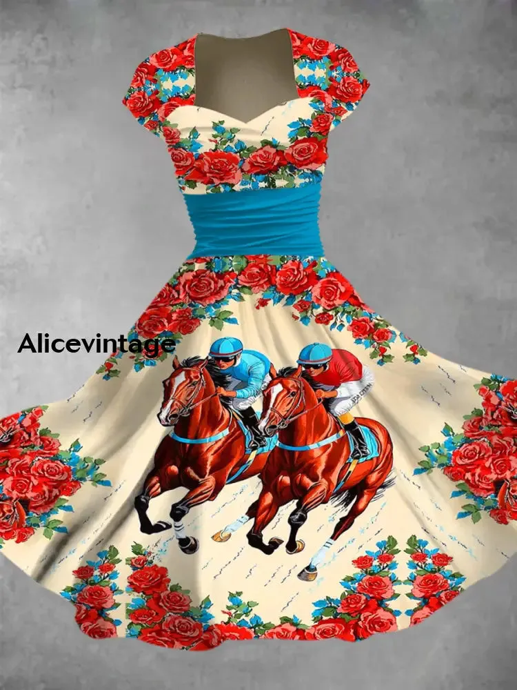 Derby Art Print V-Neck Short Sleeve Vintage Midi Dress Derby Dress
