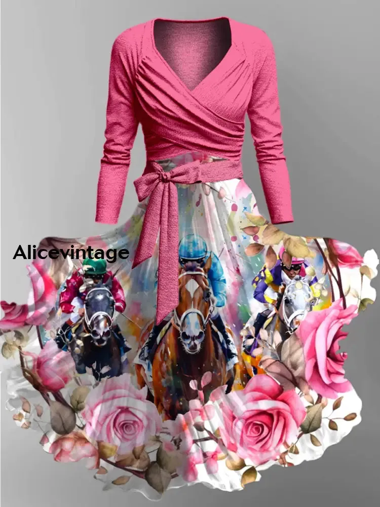 Derby Art Print Vintage V-neck Long Sleeve Two-Piece Midi Dress Derby Dress