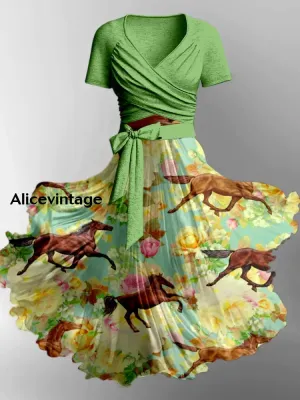 Derby Day Horse Art Print V-Neck Short Sleeve Vintage Two-Piece Midi Dress Derby Dress