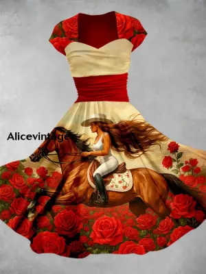 Derby Floral Art Print Short Sleeve Vintage Elegant Dress Derby Dress