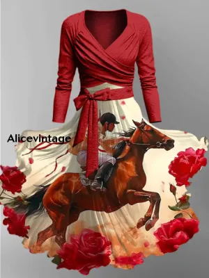 Derby Rose Art Print Vintage V-neck Long Sleeve Two-Piece Midi Dress Derby Dress