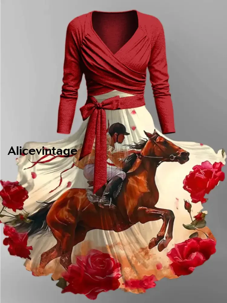 Derby Rose Art Print Vintage V-neck Long Sleeve Two-Piece Midi Dress Derby Dress