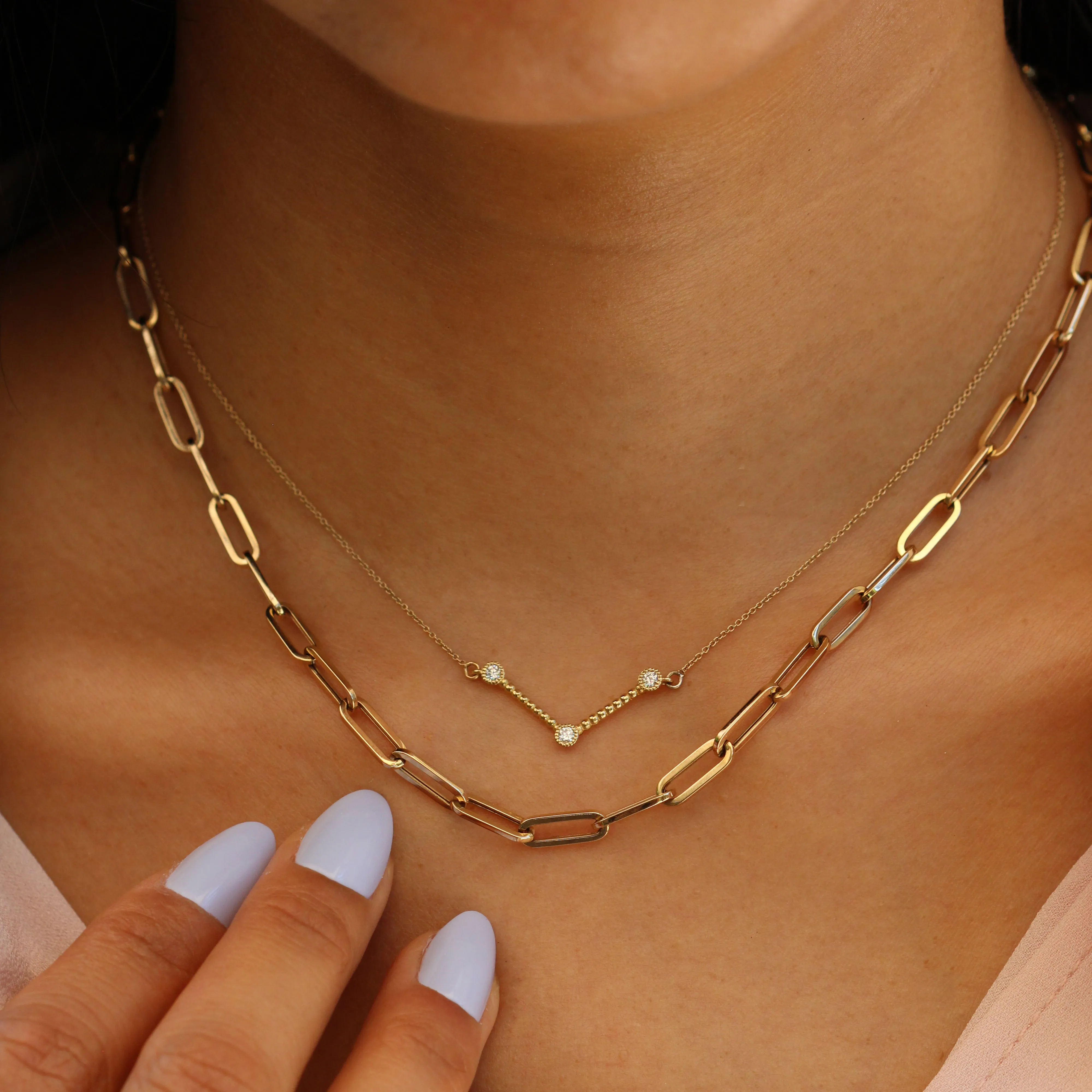 Diamond Bezel Beaded V Necklace