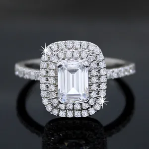 Double Halo Emerald Diamond Classic Wedding Engagement Ring