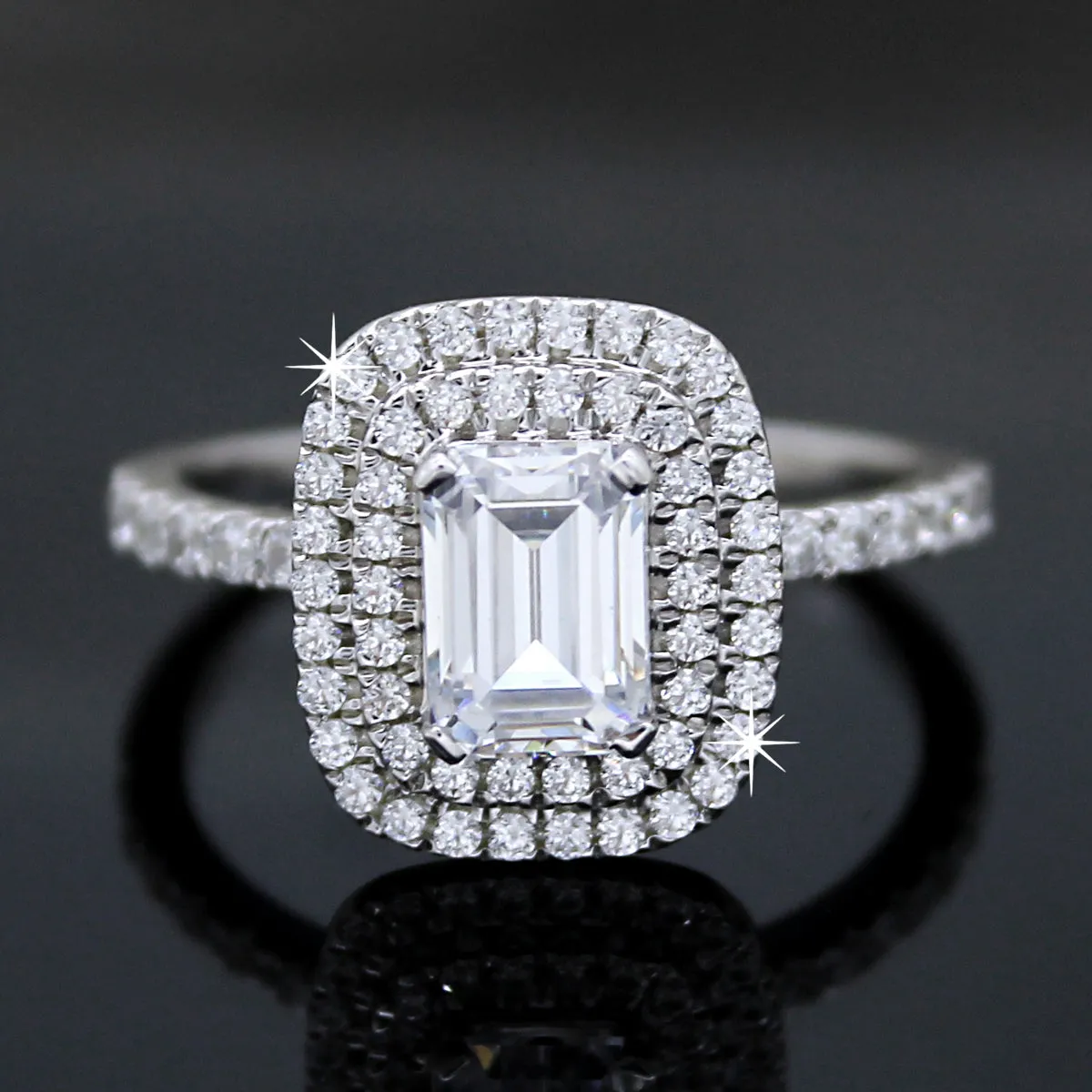 Double Halo Emerald Diamond Classic Wedding Engagement Ring
