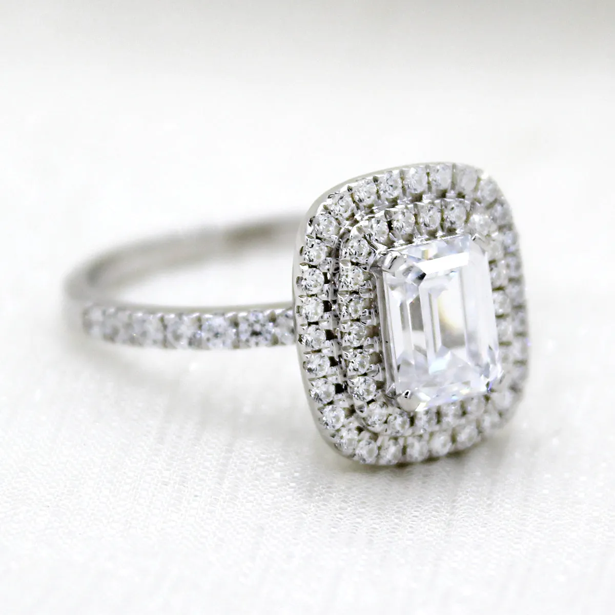 Double Halo Emerald Diamond Classic Wedding Engagement Ring