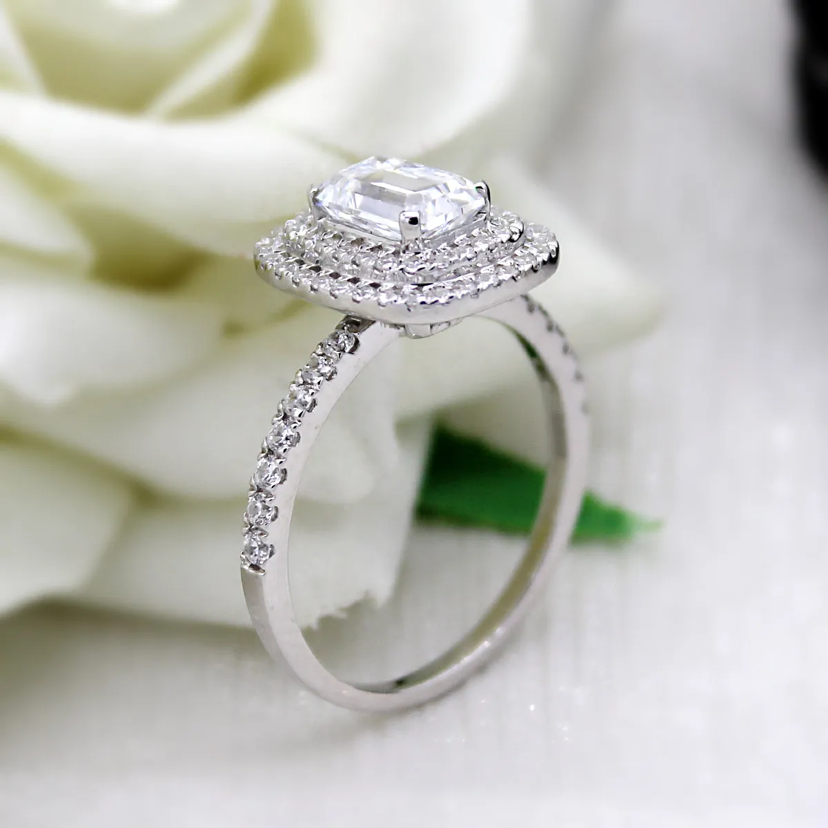 Double Halo Emerald Diamond Classic Wedding Engagement Ring