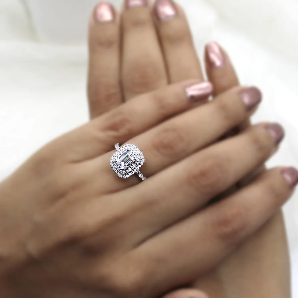 Double Halo Emerald Diamond Classic Wedding Engagement Ring