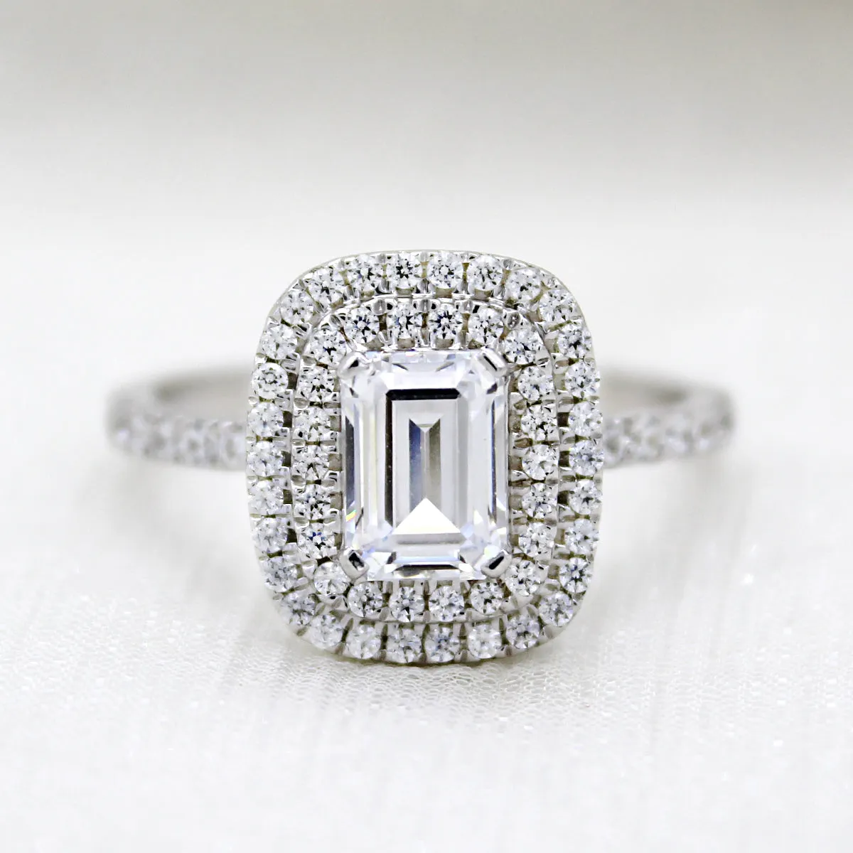 Double Halo Emerald Diamond Classic Wedding Engagement Ring