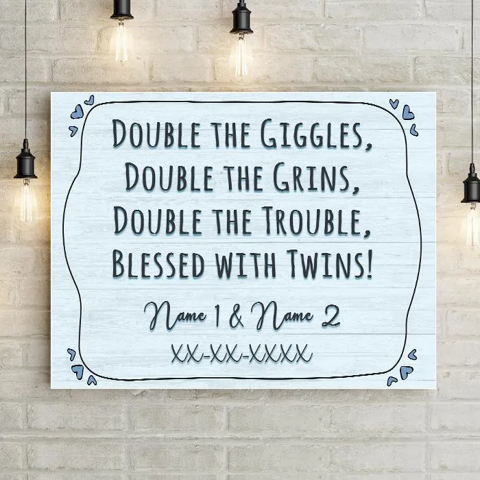 Double The Giggles Twins Birth Announcement Personalized Premium Canvas Nursery Art