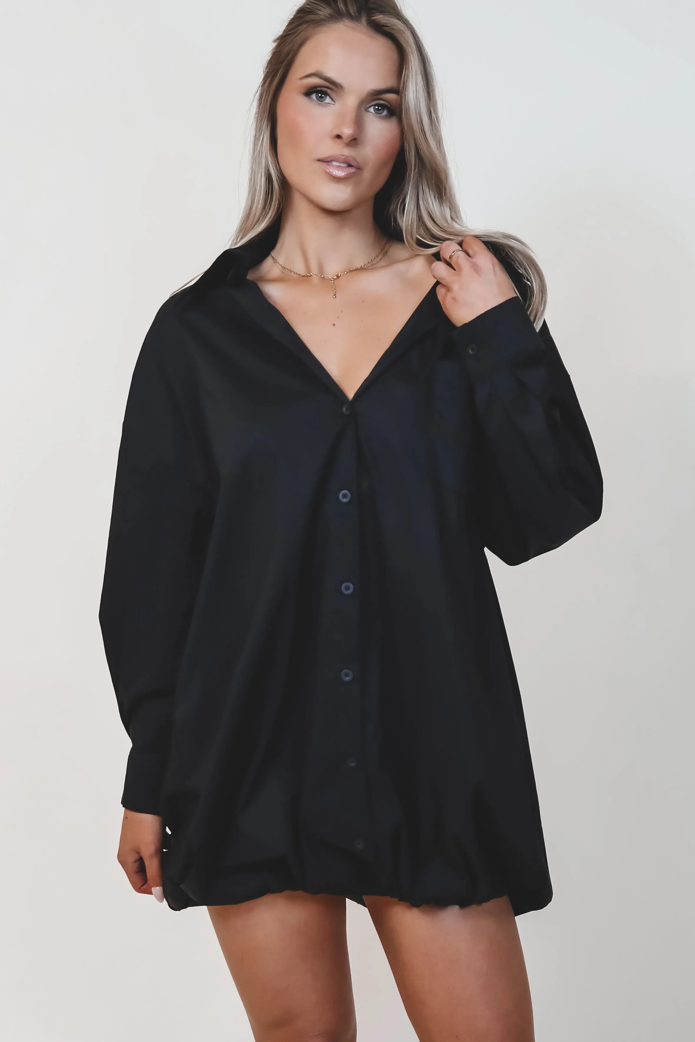 Dress Up Nice Black Bubble Button Up Shirt Dress