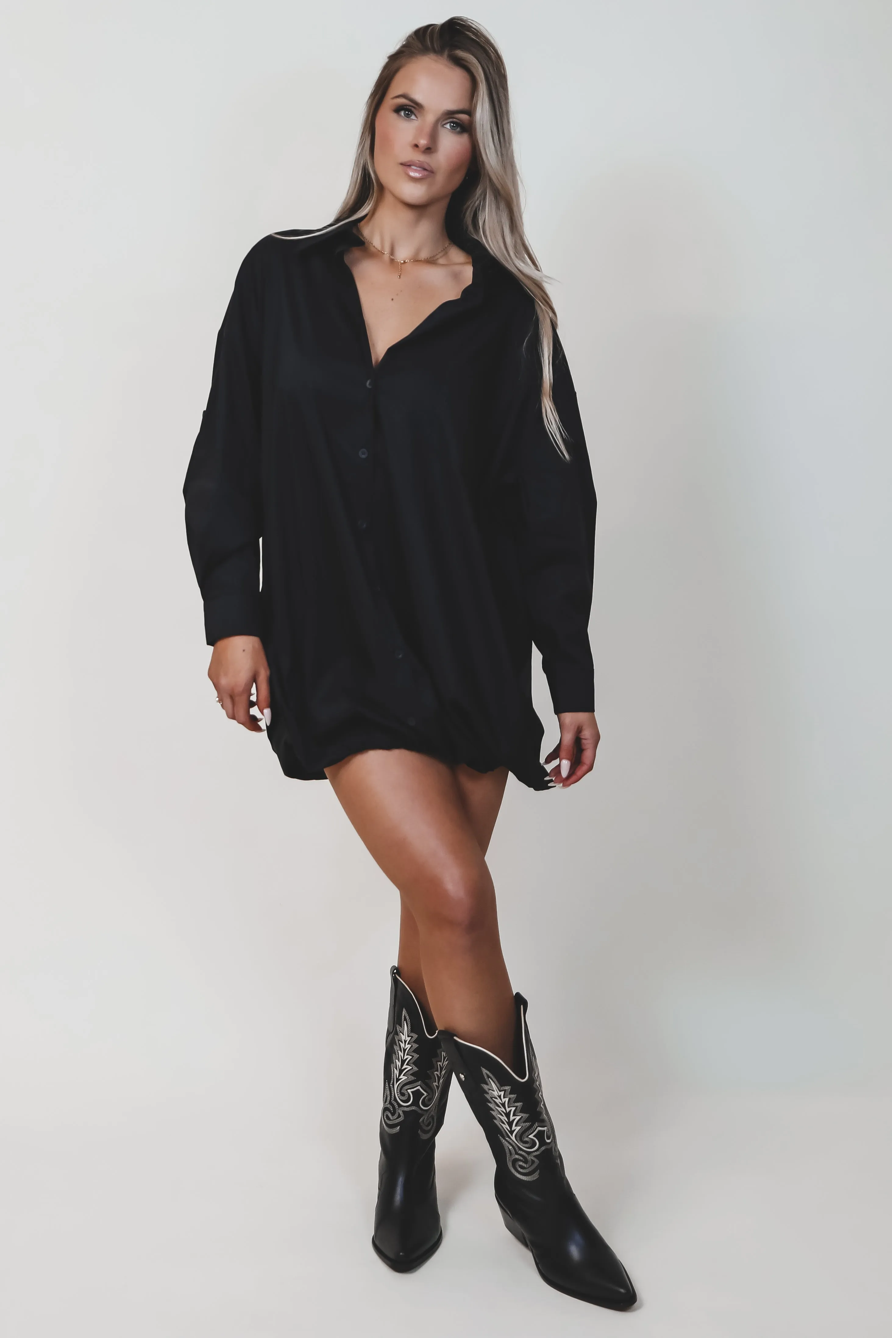 Dress Up Nice Black Bubble Button Up Shirt Dress