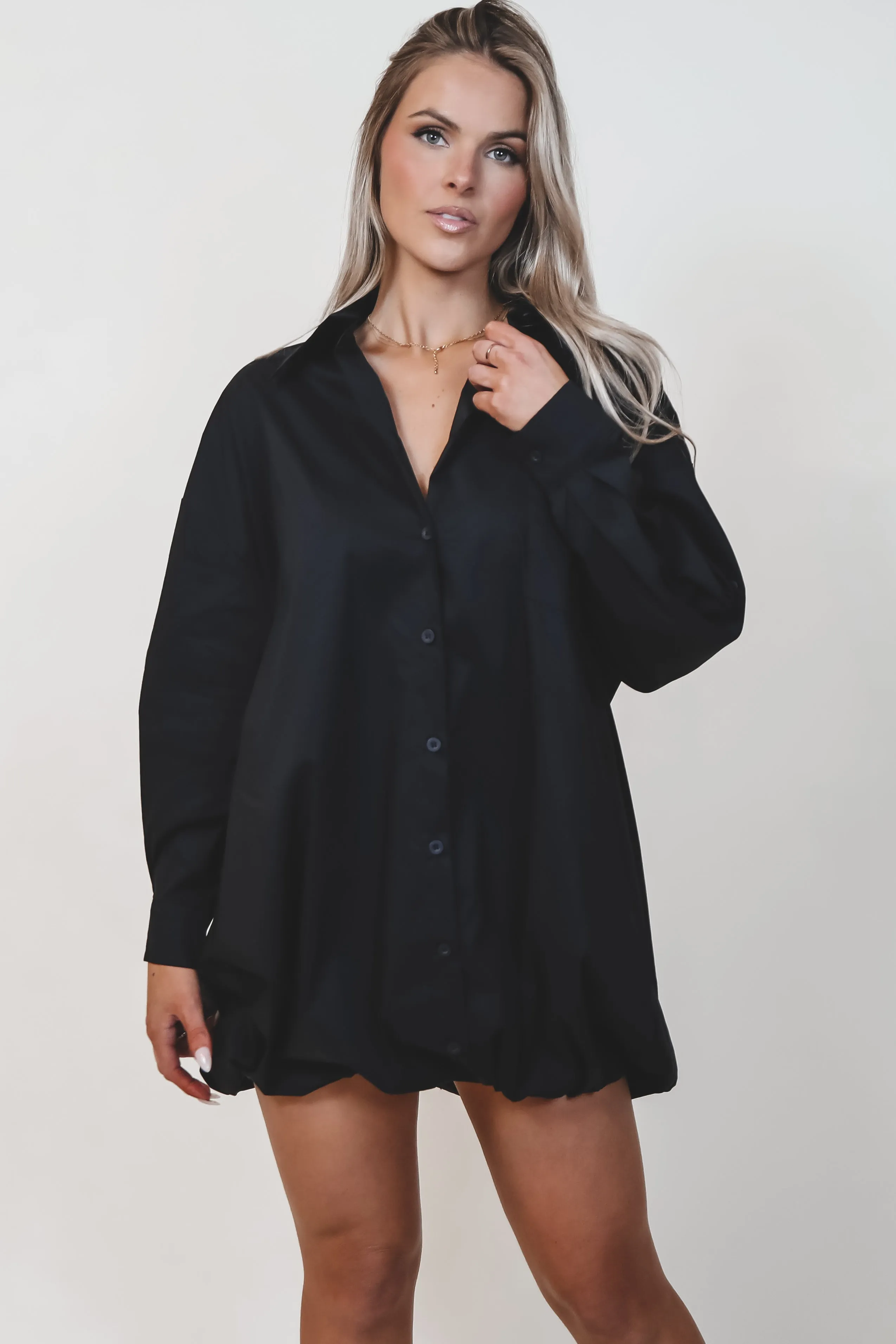 Dress Up Nice Black Bubble Button Up Shirt Dress