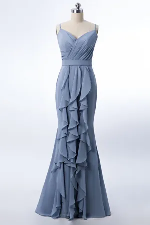 Dusty Blue Formal Dress Mermaid Wedding Guest Dress Chiffon with Ruffles