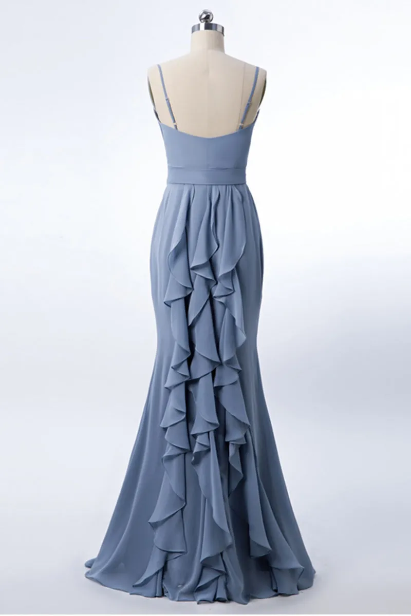 Dusty Blue Formal Dress Mermaid Wedding Guest Dress Chiffon with Ruffles