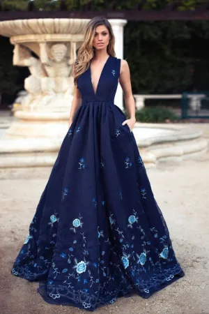 Elegant A-Line Deep V-Neck Navy Blue Long Prom Dresses with Appliques Pockets OK973