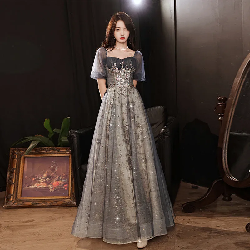 Elegant A-line  Grey Tulle Short Sleeves Long Party Dress, Grey Evening Dress