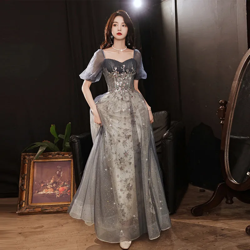 Elegant A-line  Grey Tulle Short Sleeves Long Party Dress, Grey Evening Dress
