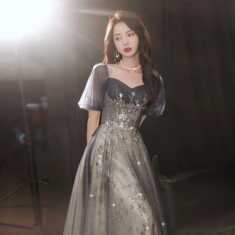 Elegant A-line  Grey Tulle Short Sleeves Long Party Dress, Grey Evening Dress